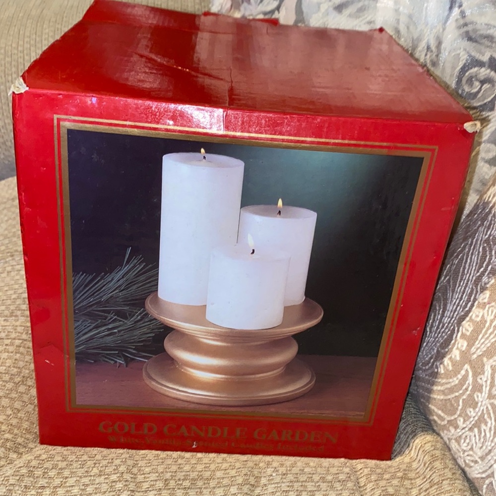 💛NWT Vintage Gold Ceramic Candle Stand w/3 Candles Centerpiece